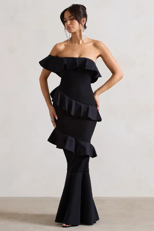 Cinematic | Black Bardot Ruffled Fishtail Maxi Dress