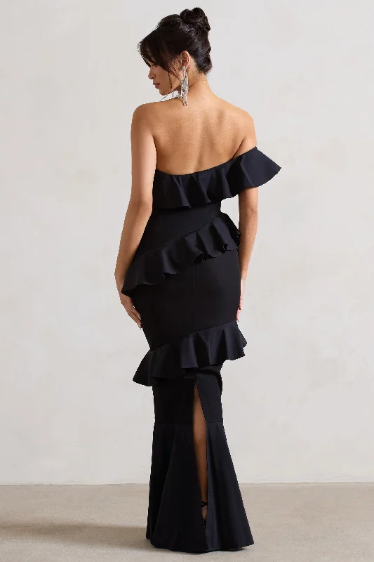 Cinematic | Black Bardot Ruffled Fishtail Maxi Dress