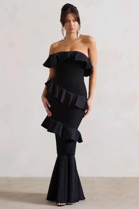 Cinematic | Black Bardot Ruffled Fishtail Maxi Dress