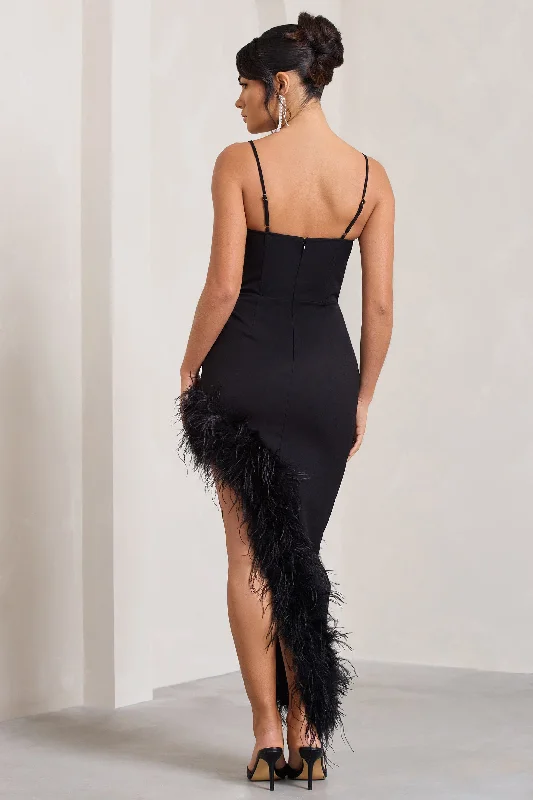 High Status | Black Strappy Corset Asymmetric Maxi Dress With Feather Trim