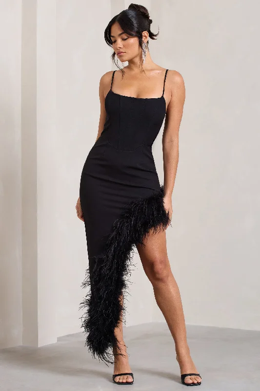 High Status | Black Strappy Corset Asymmetric Maxi Dress With Feather Trim