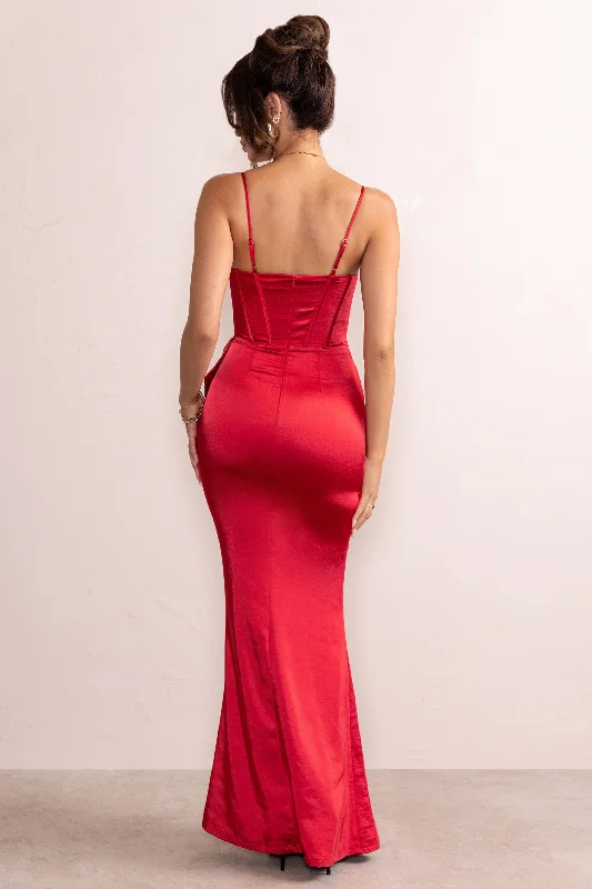 Odette | Red Satin Sweetheart Corset Bow Detail Maxi Dress