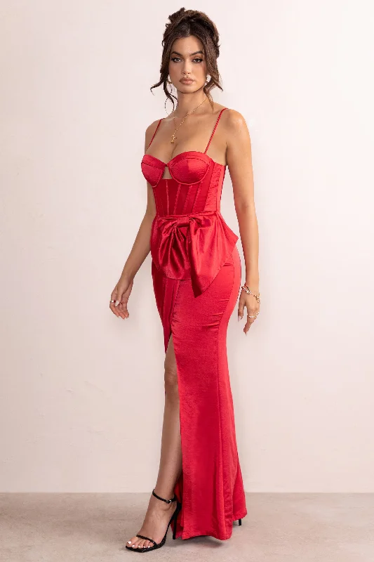 Odette | Red Satin Sweetheart Corset Bow Detail Maxi Dress