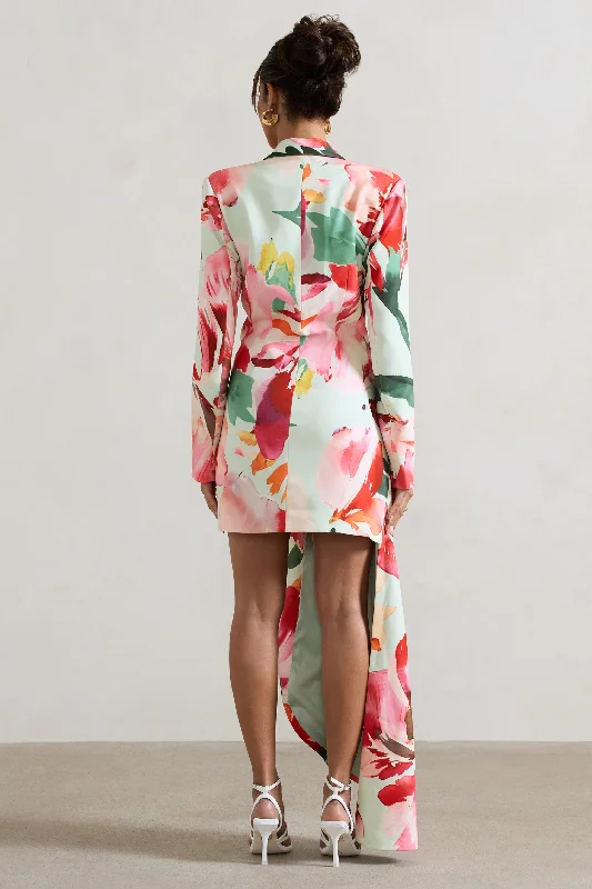 Spiral | Mint Floral Tailored Blazer Mini Dress With Asymmetric Hem