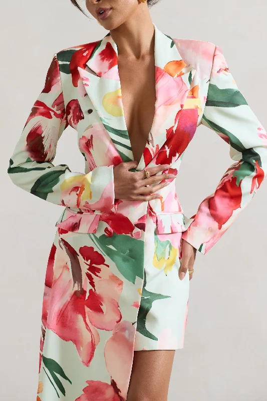 Spiral | Mint Floral Tailored Blazer Mini Dress With Asymmetric Hem