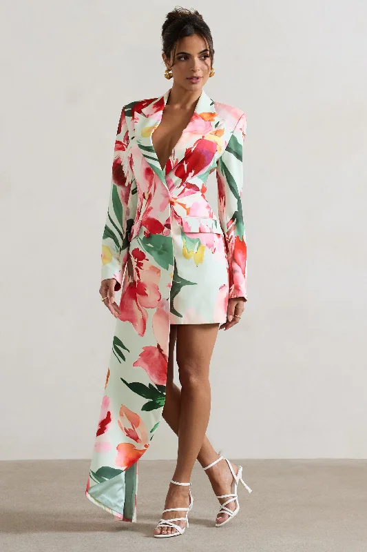 Spiral | Mint Floral Tailored Blazer Mini Dress With Asymmetric Hem