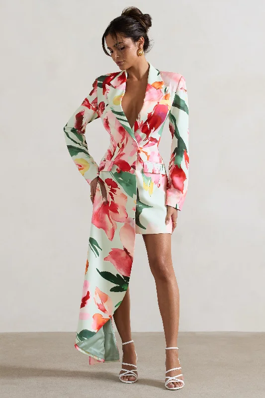 Spiral | Mint Floral Tailored Blazer Mini Dress With Asymmetric Hem