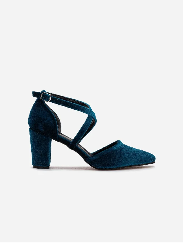 Sina Vegan Velvet Strappy Heels | Teal Blue