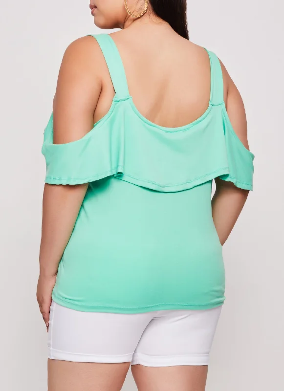 Plus Size O Ring Strap Overlay Cold Shoulder Top