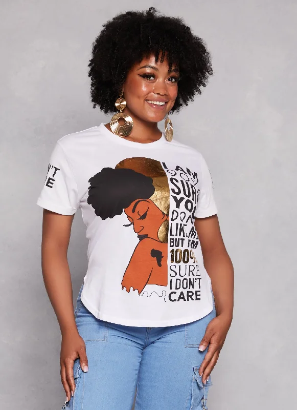 Plus Size Afro I Dont Care Foil Screen Graphic Tee