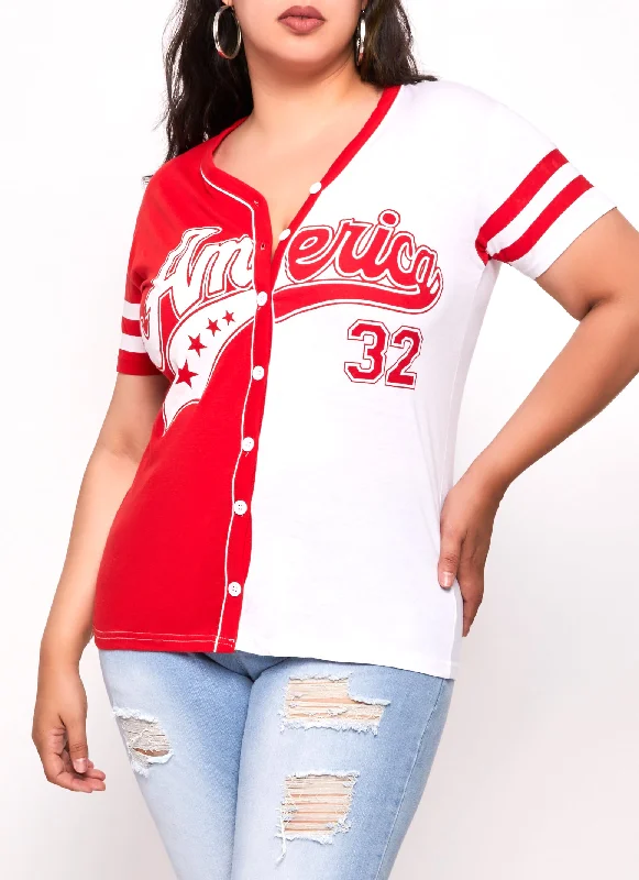 Plus Size America 32 Varsity Stripe Baseball Jersey