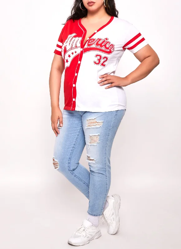 Plus Size America 32 Varsity Stripe Baseball Jersey