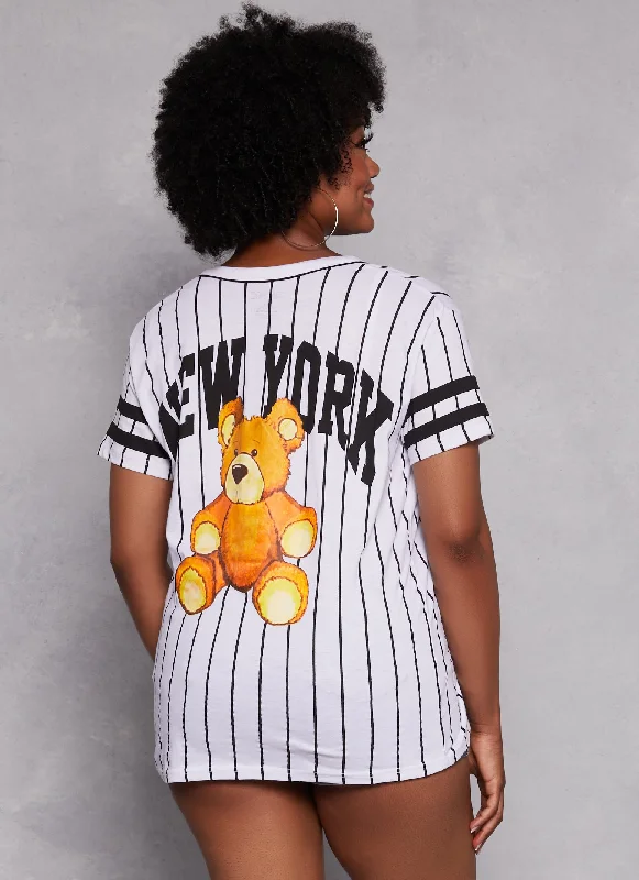 Plus Size New York Bear Graphic Baseball Shirt