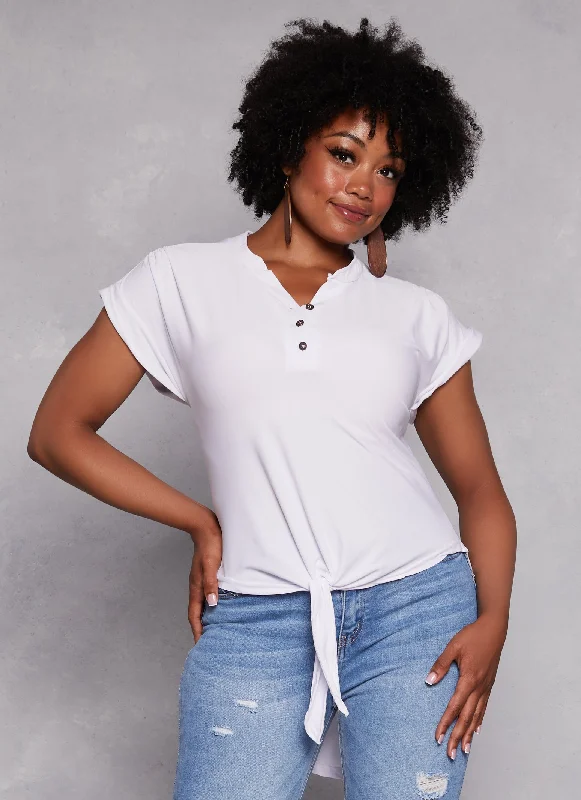 Plus Size Tie Front Half Button High Low Top