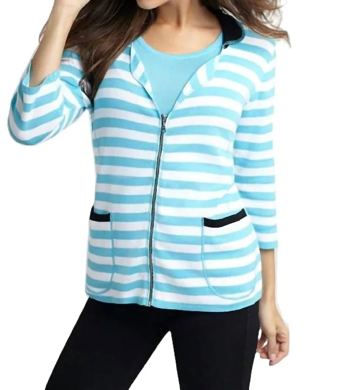 Colorblock Striped Cardigan In White/turquoise