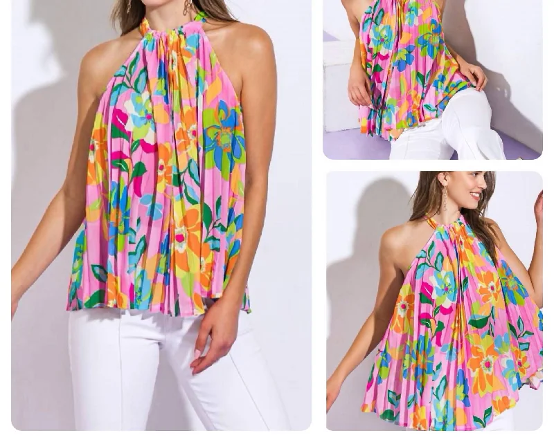 Floral Print Halter Neck Pleated Blouse