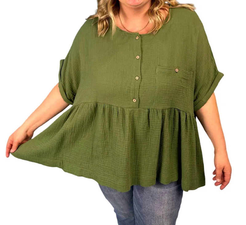 Half Button Down Gauze Babydoll Top In Green