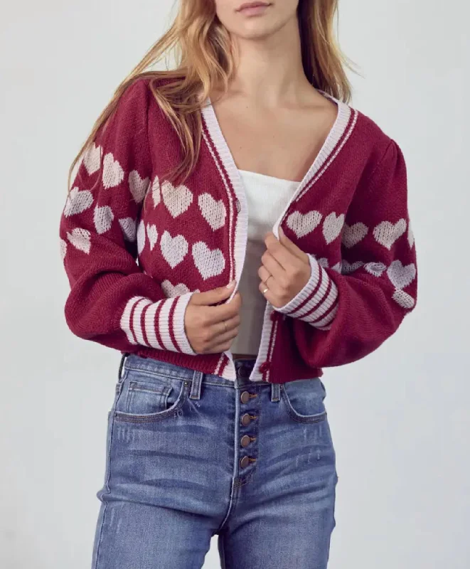 Heart Button-Front Cardigan In Burgundy Lavender Combo