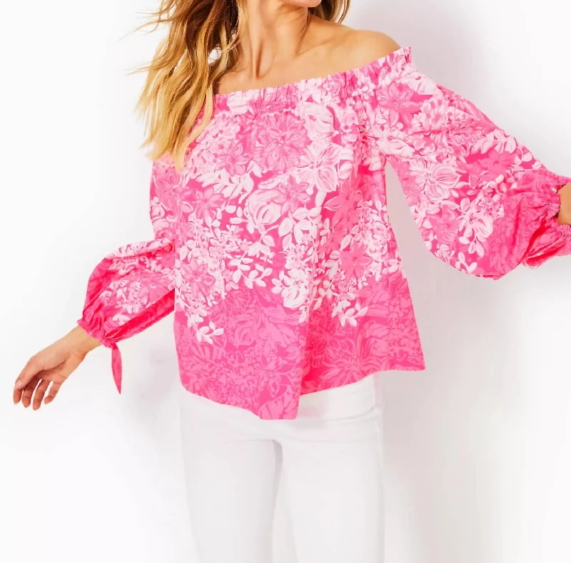 Jamielynn Long Sleeve Off The Shoulder Top In Roxie Pink Shadow Dancer Engineered Woven Top