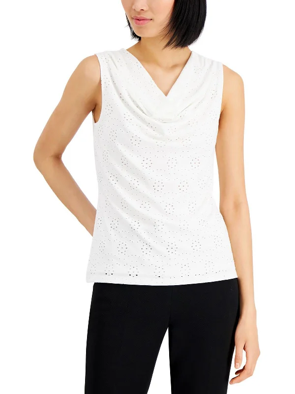 Petites Womens Eyelet Drape Neck Shell