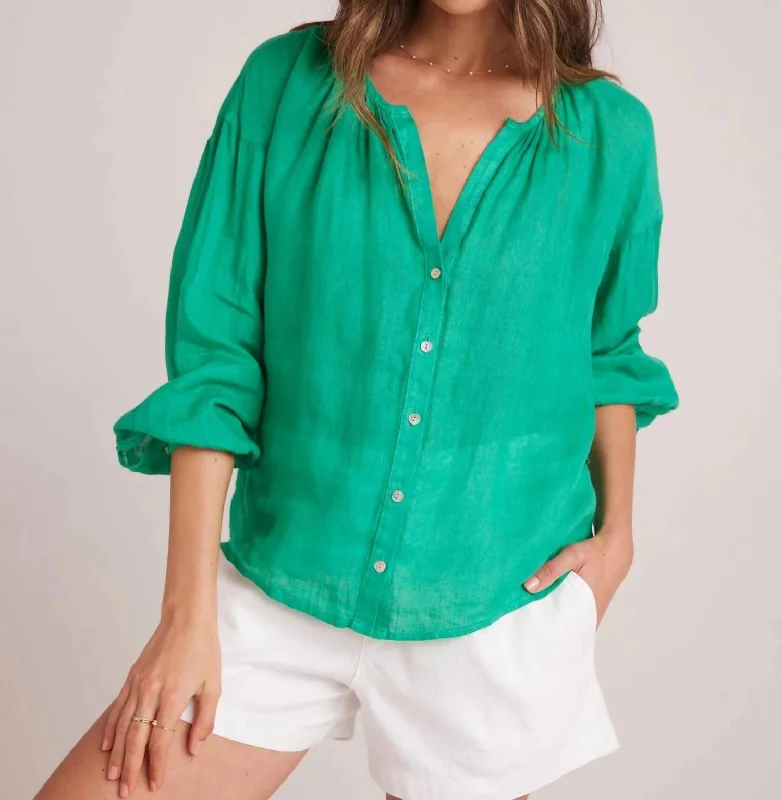 Shirred Neck Blouse In Tropical Green