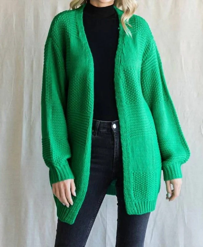 Textured Bubble Sleeve Cardigan In Kelly Green