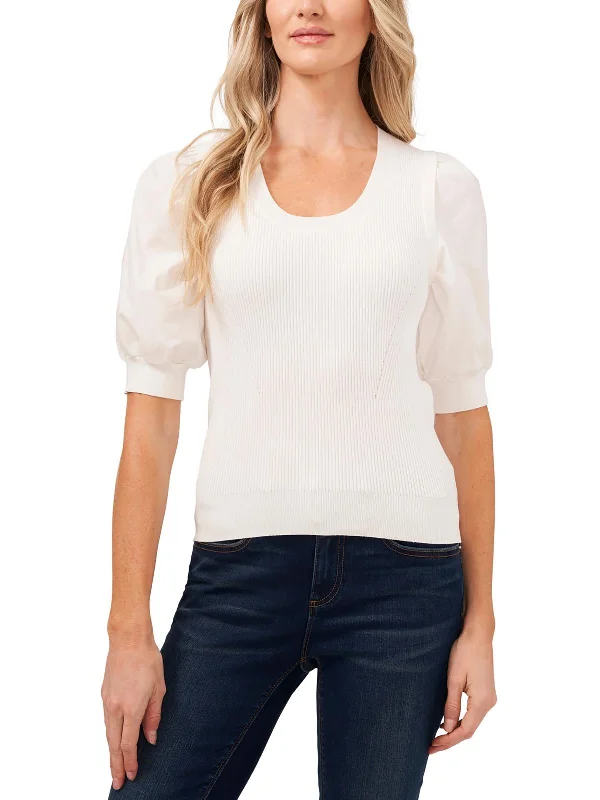 Womens Mixed Media Ribbed Knit Blouse