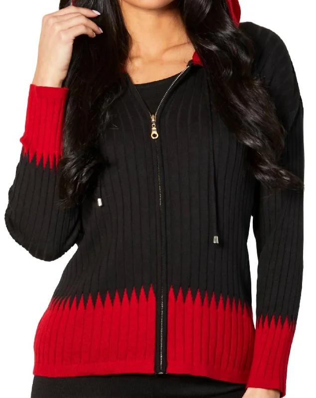 Zip Hoodie Ribbed Cardigan In Black/rouge