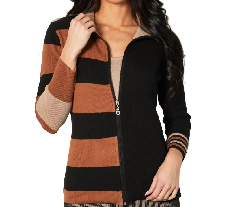 Zip Up Ribbed Cardigan In Black/mocha