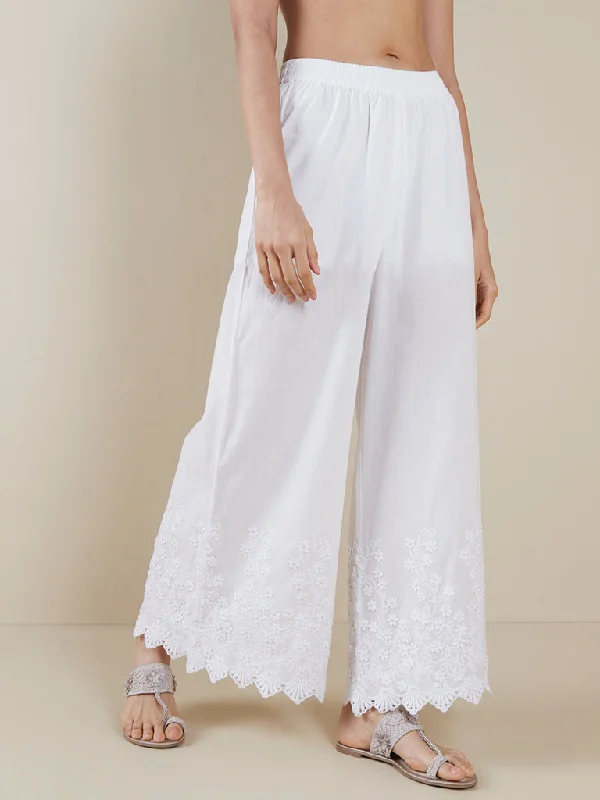 Zuba White Floral Embroidered Cotton Palazzos